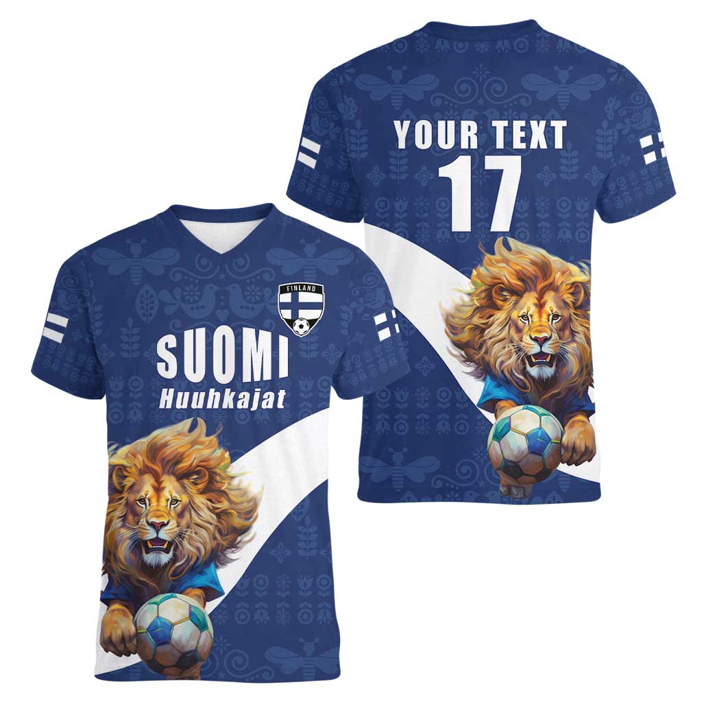 Custom Finland Football Lion Mascot Women V-Neck T-Shirt Huuhkajat with Finnish Folk Paterns