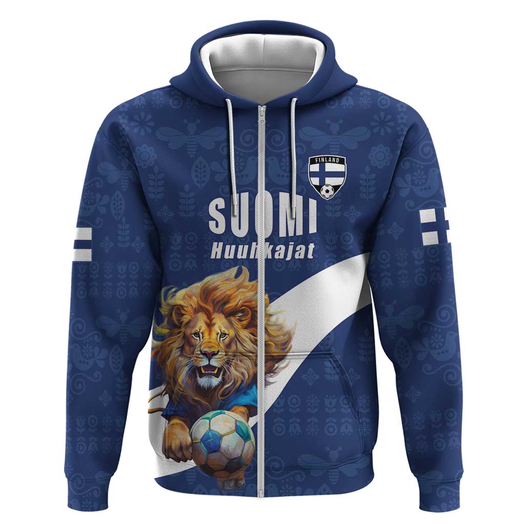 Custom Finland Football Lion Mascot Zip Hoodie Huuhkajat with Finnish Folk Paterns