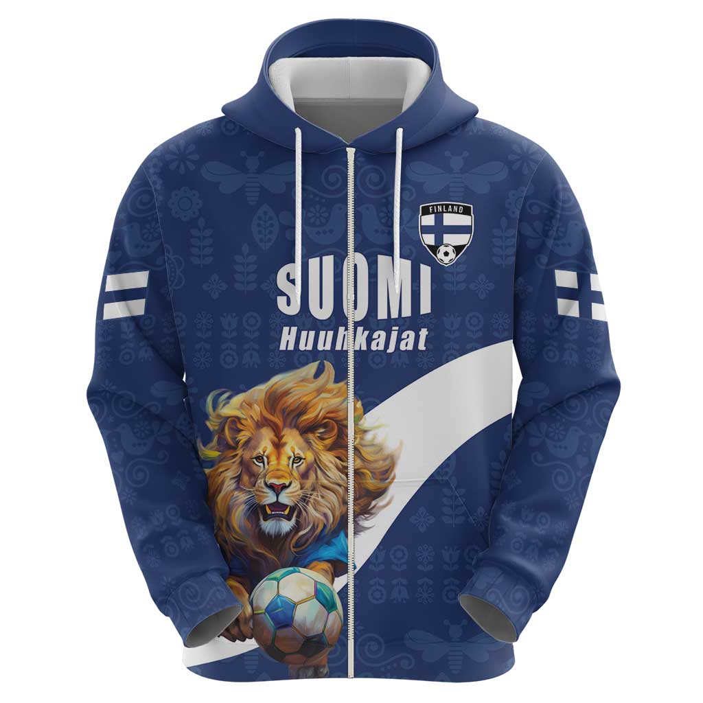 Custom Finland Football Lion Mascot Zip Hoodie Huuhkajat with Finnish Folk Paterns