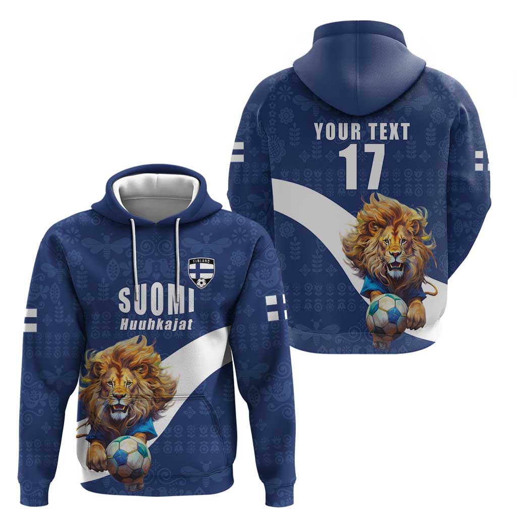 Custom Finland Football Lion Mascot Zip Hoodie Huuhkajat with Finnish Folk Paterns