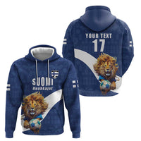 Custom Finland Football Lion Mascot Zip Hoodie Huuhkajat with Finnish Folk Paterns