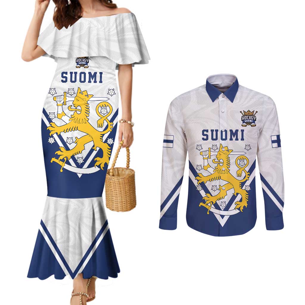 Custom Finland Ice Hockey We are Champions Couples Matching Mermaid Dress and Long Sleeve Button Shirt Sporty Style Come on Leijonat