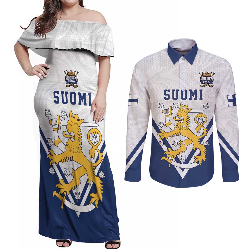 Custom Finland Ice Hockey We are Champions Couples Matching Off Shoulder Maxi Dress and Long Sleeve Button Shirt Sporty Style Come on Leijonat