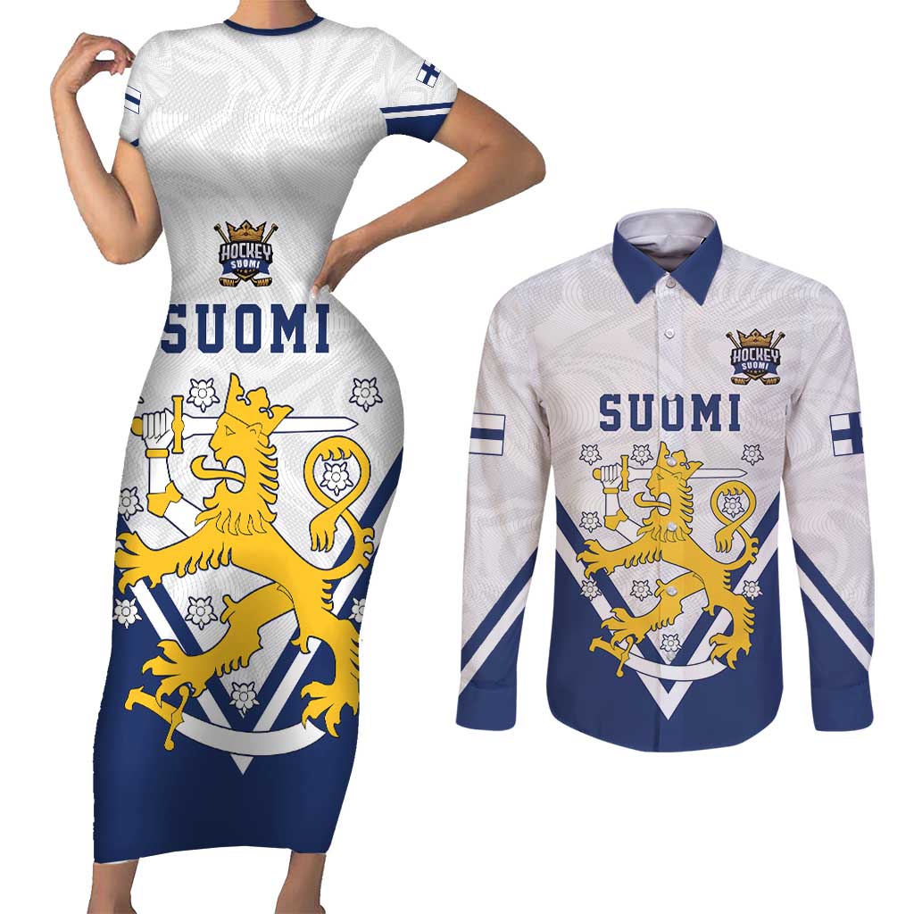Custom Finland Ice Hockey We are Champions Couples Matching Short Sleeve Bodycon Dress and Long Sleeve Button Shirt Sporty Style Come on Leijonat
