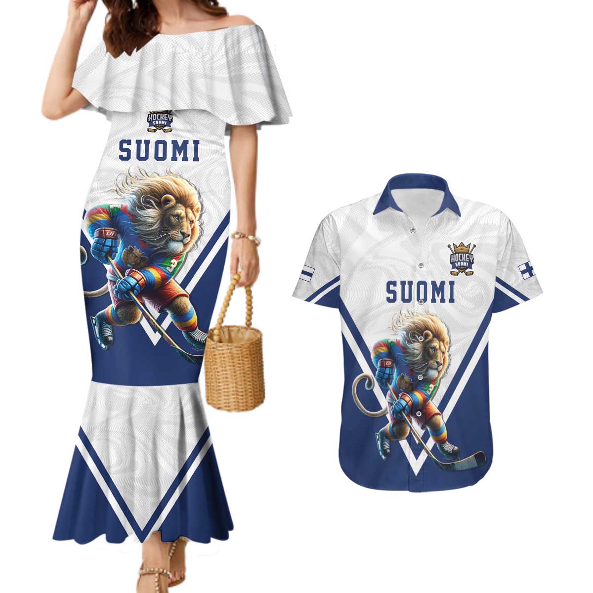 Custom Finland Ice Hockey Lion Mascot Couples Matching Mermaid Dress and Hawaiian Shirt Sporty Style Come on Leijonat