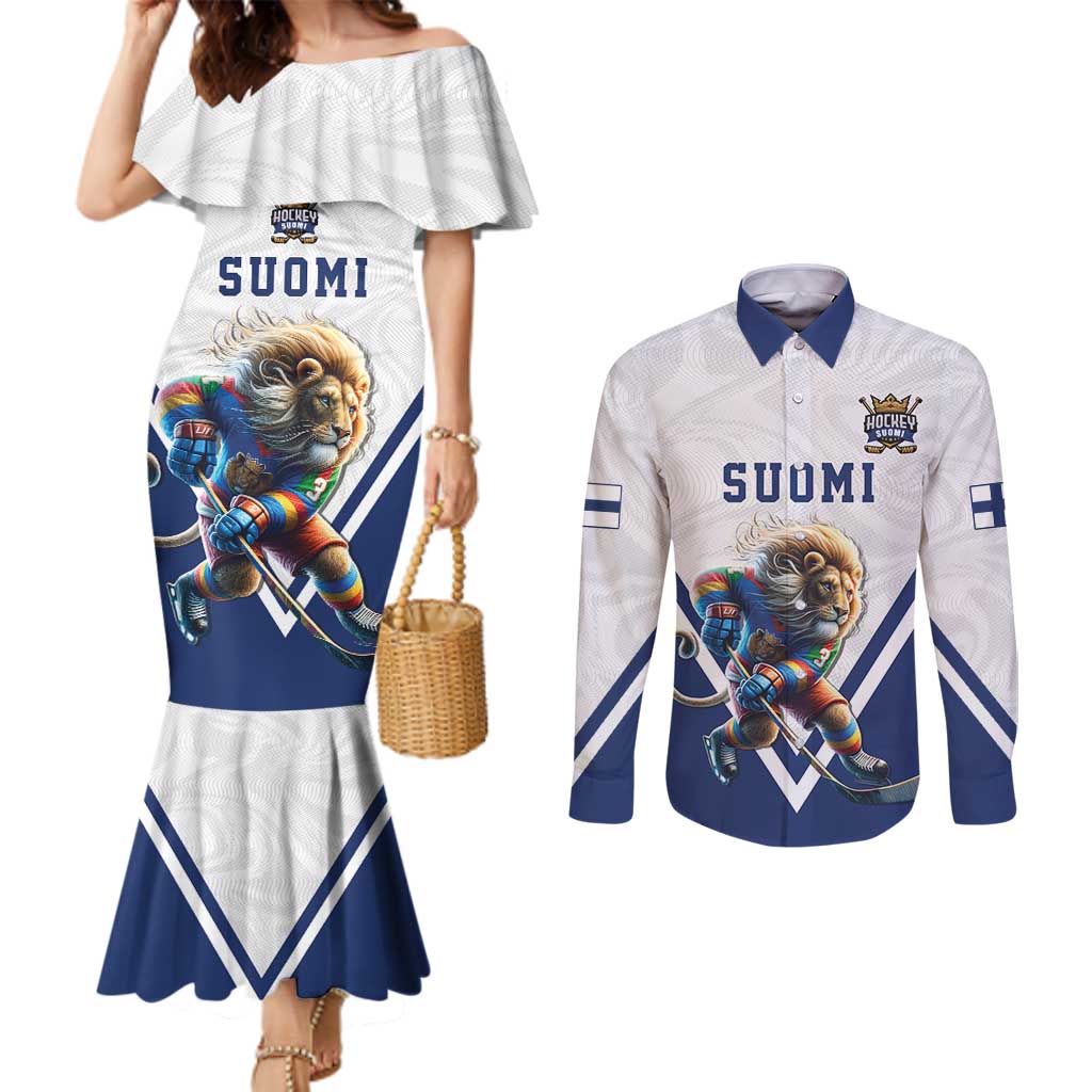 Custom Finland Ice Hockey Lion Mascot Couples Matching Mermaid Dress and Long Sleeve Button Shirt Sporty Style Come on Leijonat