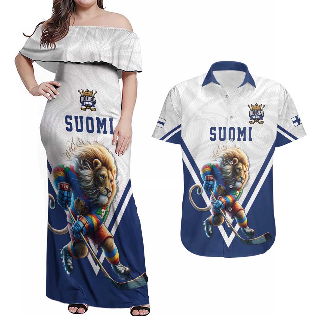 Custom Finland Ice Hockey Lion Mascot Couples Matching Off Shoulder Maxi Dress and Hawaiian Shirt Sporty Style Come on Leijonat