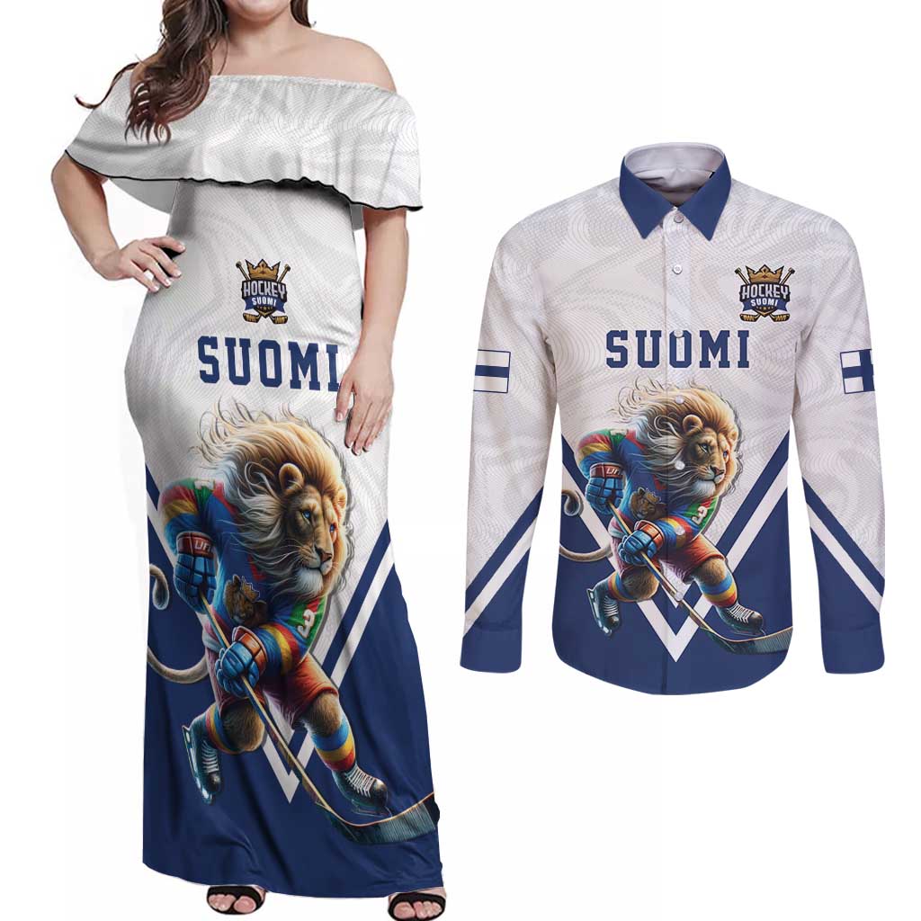 Custom Finland Ice Hockey Lion Mascot Couples Matching Off Shoulder Maxi Dress and Long Sleeve Button Shirt Sporty Style Come on Leijonat