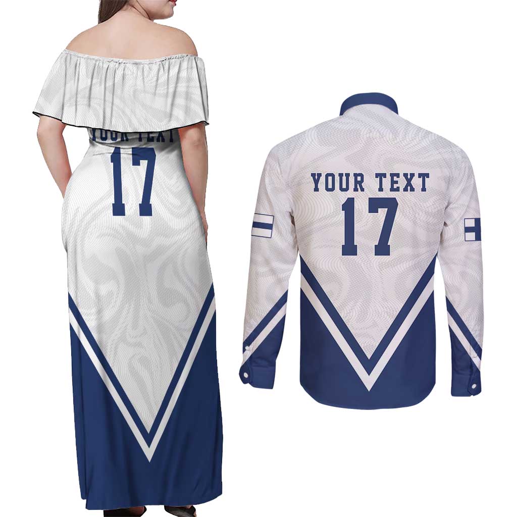 Custom Finland Ice Hockey Lion Mascot Couples Matching Off Shoulder Maxi Dress and Long Sleeve Button Shirt Sporty Style Come on Leijonat