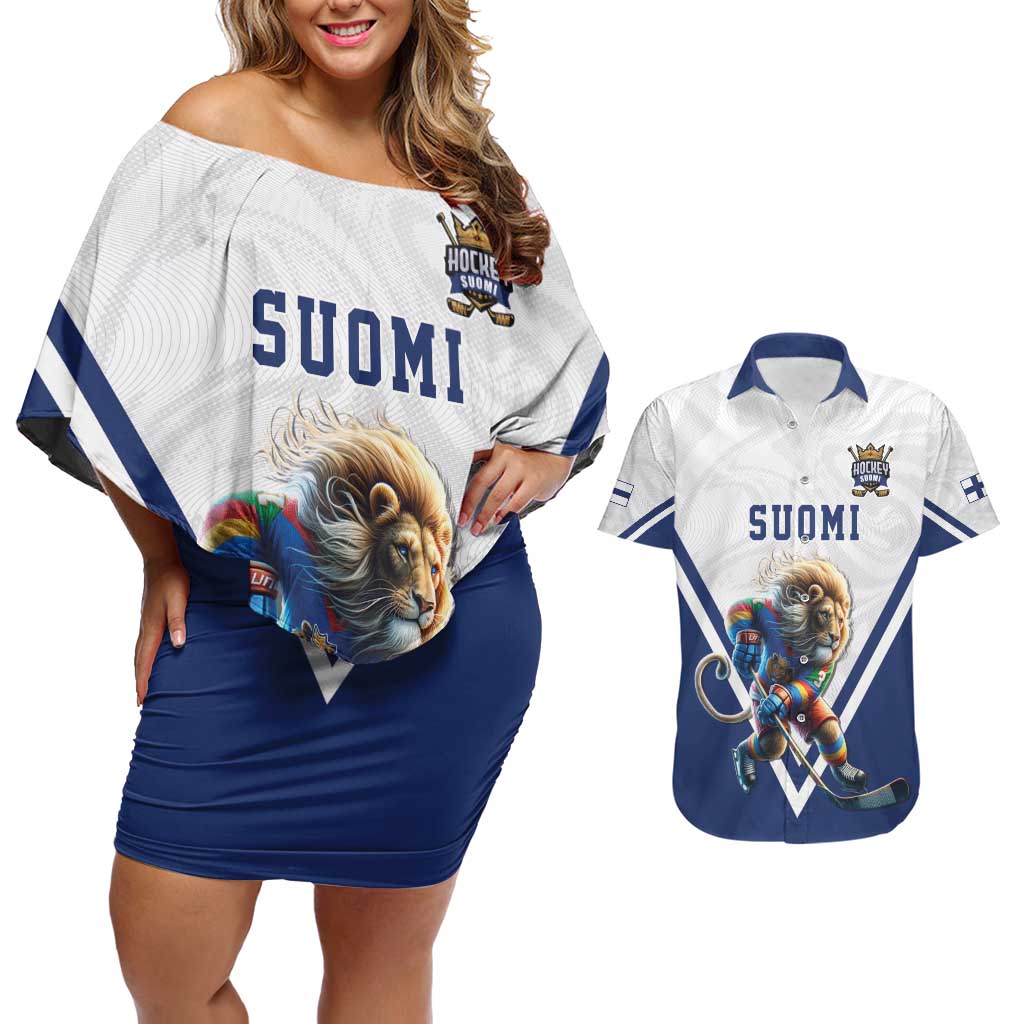 Custom Finland Ice Hockey Lion Mascot Couples Matching Off Shoulder Short Dress and Hawaiian Shirt Sporty Style Come on Leijonat