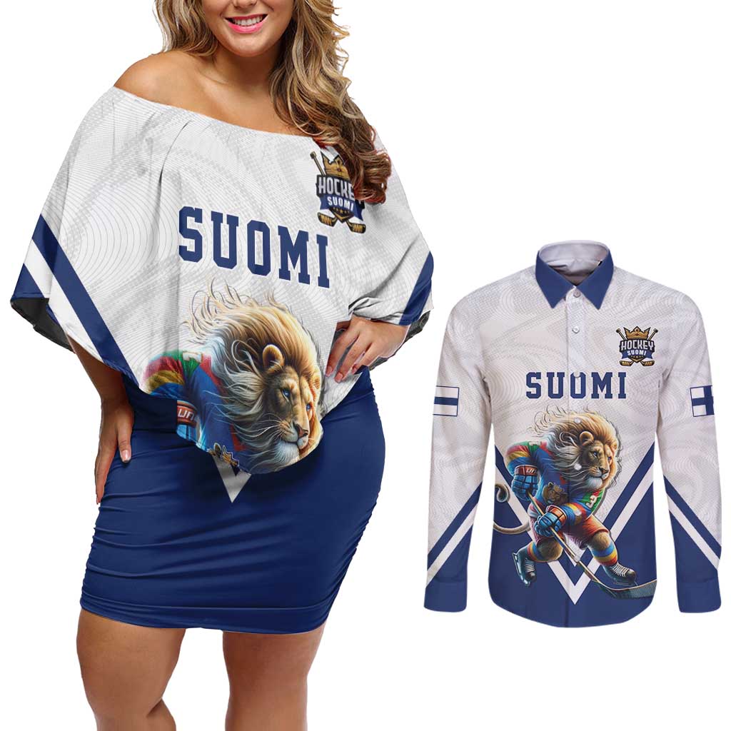 Custom Finland Ice Hockey Lion Mascot Couples Matching Off Shoulder Short Dress and Long Sleeve Button Shirt Sporty Style Come on Leijonat