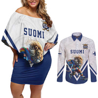 Custom Finland Ice Hockey Lion Mascot Couples Matching Off Shoulder Short Dress and Long Sleeve Button Shirt Sporty Style Come on Leijonat