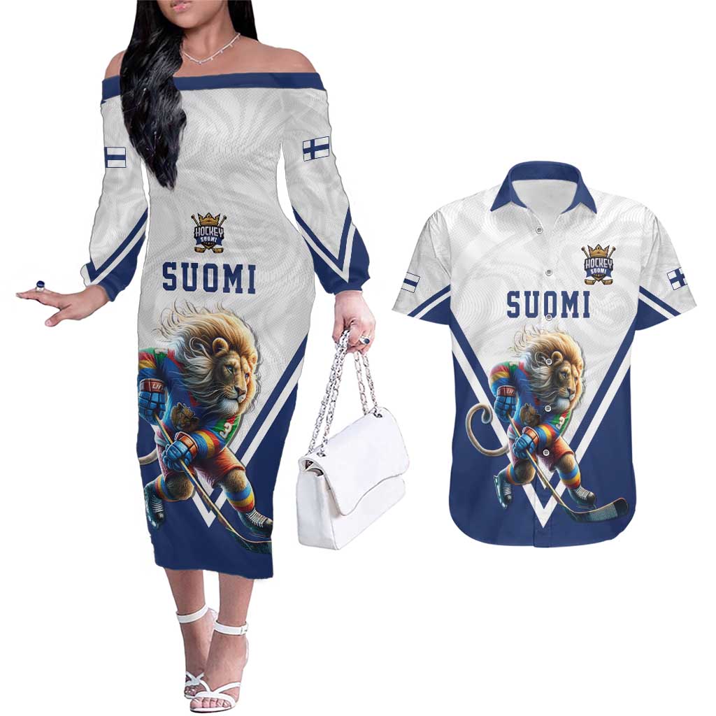 Custom Finland Ice Hockey Lion Mascot Couples Matching Off The Shoulder Long Sleeve Dress and Hawaiian Shirt Sporty Style Come on Leijonat