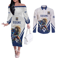 Custom Finland Ice Hockey Lion Mascot Couples Matching Off The Shoulder Long Sleeve Dress and Long Sleeve Button Shirt Sporty Style Come on Leijonat