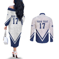 Custom Finland Ice Hockey Lion Mascot Couples Matching Off The Shoulder Long Sleeve Dress and Long Sleeve Button Shirt Sporty Style Come on Leijonat