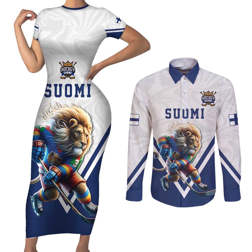 Custom Finland Ice Hockey Lion Mascot Couples Matching Short Sleeve Bodycon Dress and Long Sleeve Button Shirt Sporty Style Come on Leijonat