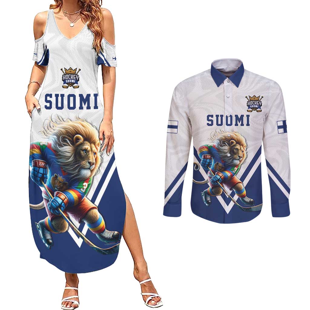 Custom Finland Ice Hockey Lion Mascot Couples Matching Summer Maxi Dress and Long Sleeve Button Shirt Sporty Style Come on Leijonat
