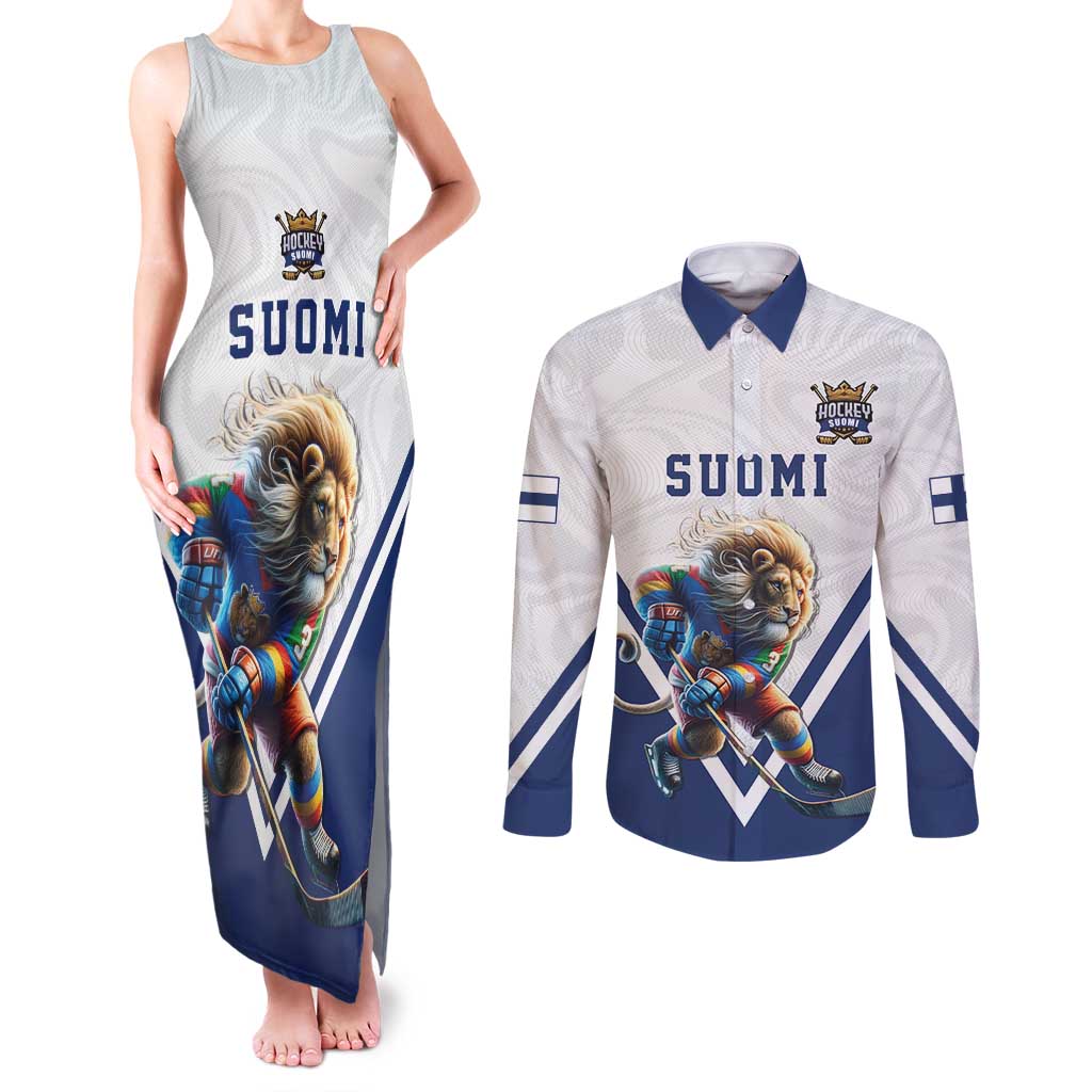 Custom Finland Ice Hockey Lion Mascot Couples Matching Tank Maxi Dress and Long Sleeve Button Shirt Sporty Style Come on Leijonat