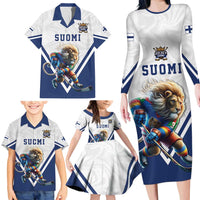 Custom Finland Ice Hockey Lion Mascot Family Matching Long Sleeve Bodycon Dress and Hawaiian Shirt Sporty Style Come on Leijonat