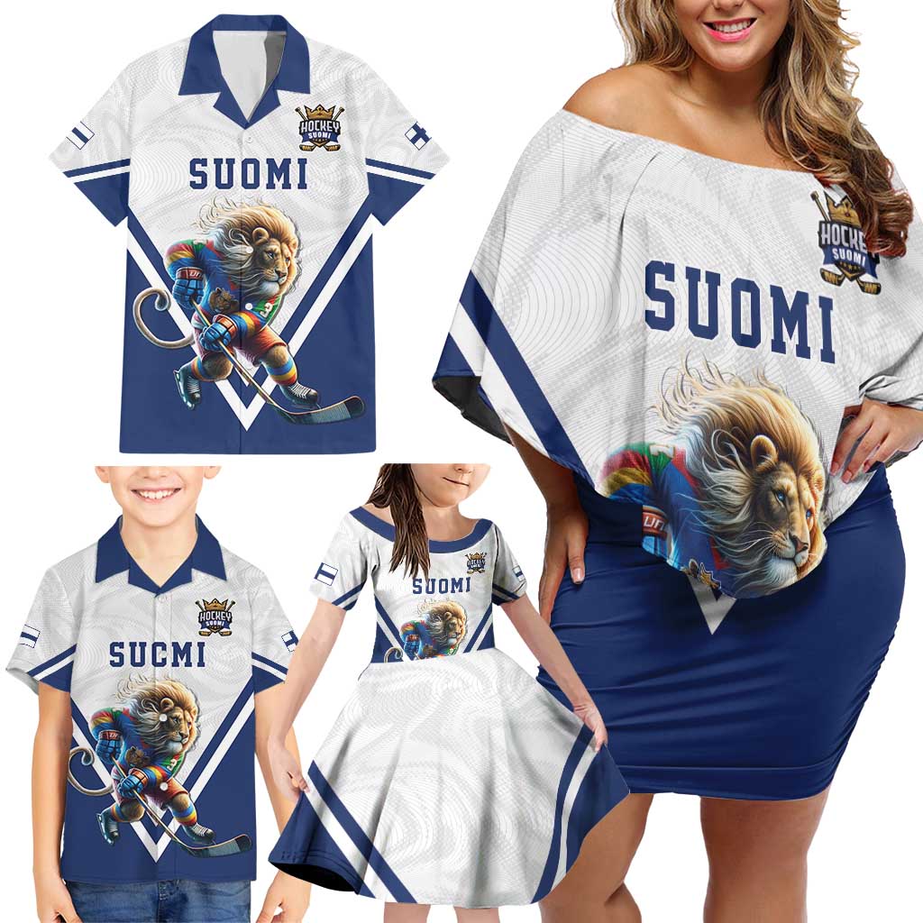 Custom Finland Ice Hockey Lion Mascot Family Matching Off Shoulder Short Dress and Hawaiian Shirt Sporty Style Come on Leijonat