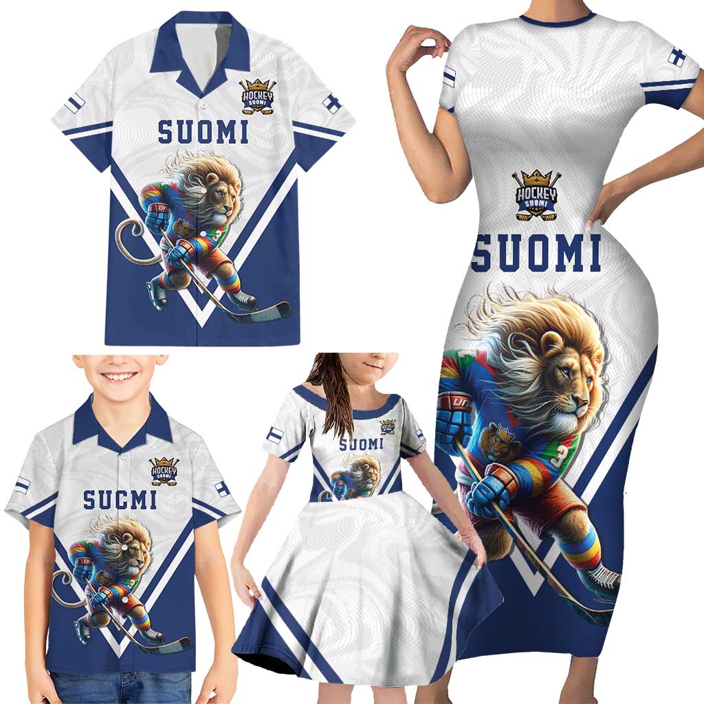 Custom Finland Ice Hockey Lion Mascot Family Matching Short Sleeve Bodycon Dress and Hawaiian Shirt Sporty Style Come on Leijonat