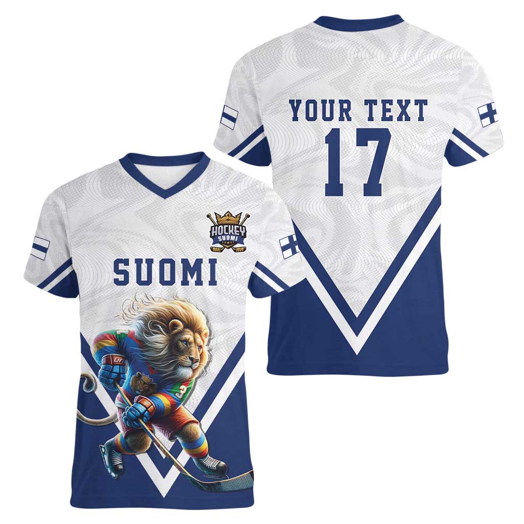 Custom Finland Ice Hockey Lion Mascot Women V-Neck T-Shirt Sporty Style Come on Leijonat