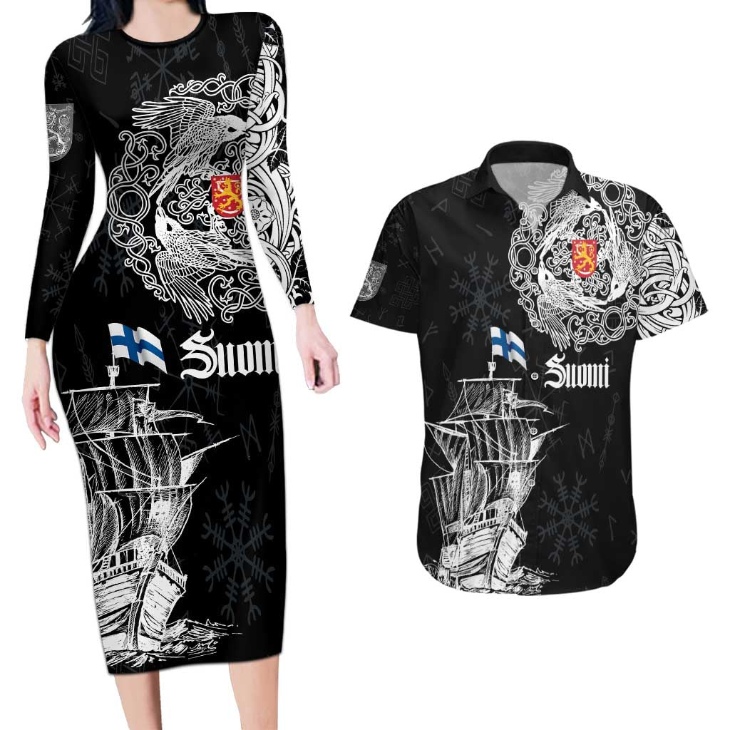 Finland Vikings Culture Couples Matching Long Sleeve Bodycon Dress and Hawaiian Shirt Suomi Viking Ships