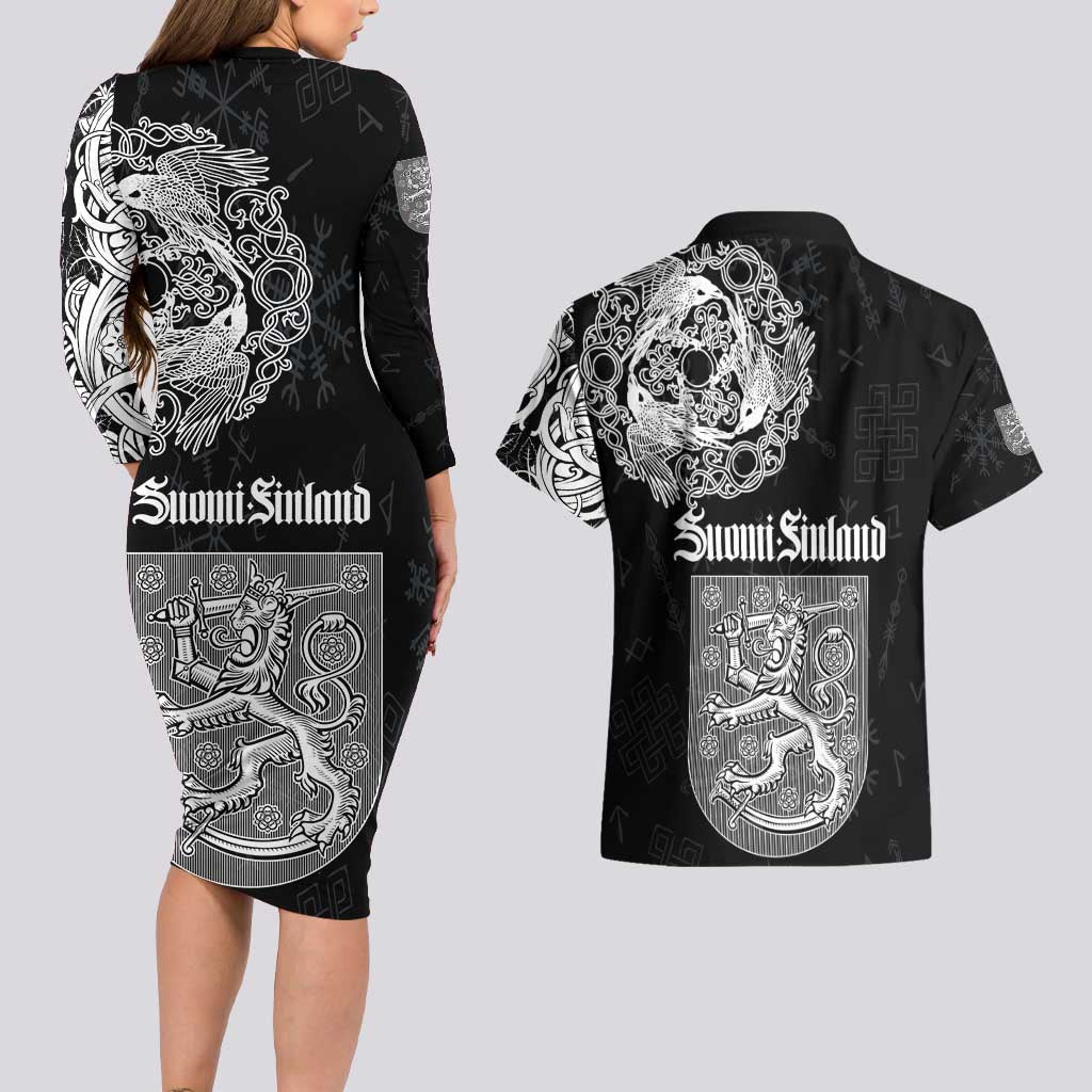 Finland Vikings Culture Couples Matching Long Sleeve Bodycon Dress and Hawaiian Shirt Suomi Viking Ships