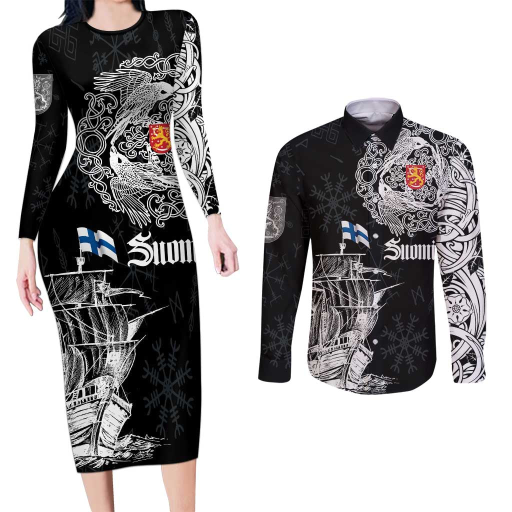 Finland Vikings Culture Couples Matching Long Sleeve Bodycon Dress and Long Sleeve Button Shirt Suomi Viking Ships