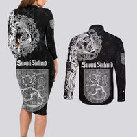 Finland Vikings Culture Couples Matching Long Sleeve Bodycon Dress and Long Sleeve Button Shirt Suomi Viking Ships
