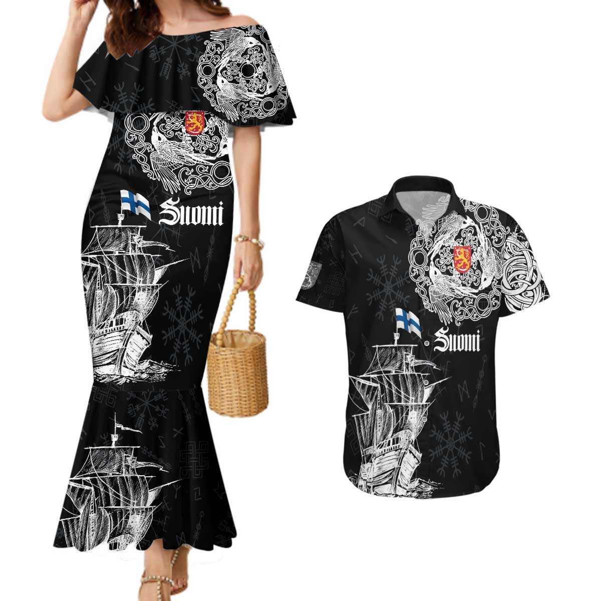 Finland Vikings Culture Couples Matching Mermaid Dress and Hawaiian Shirt Suomi Viking Ships