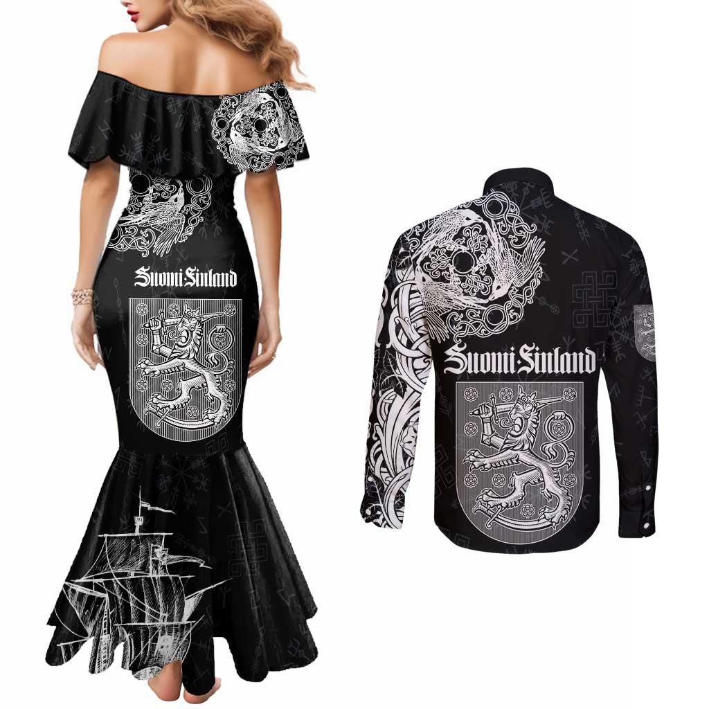 Finland Vikings Culture Couples Matching Mermaid Dress and Long Sleeve Button Shirt Suomi Viking Ships