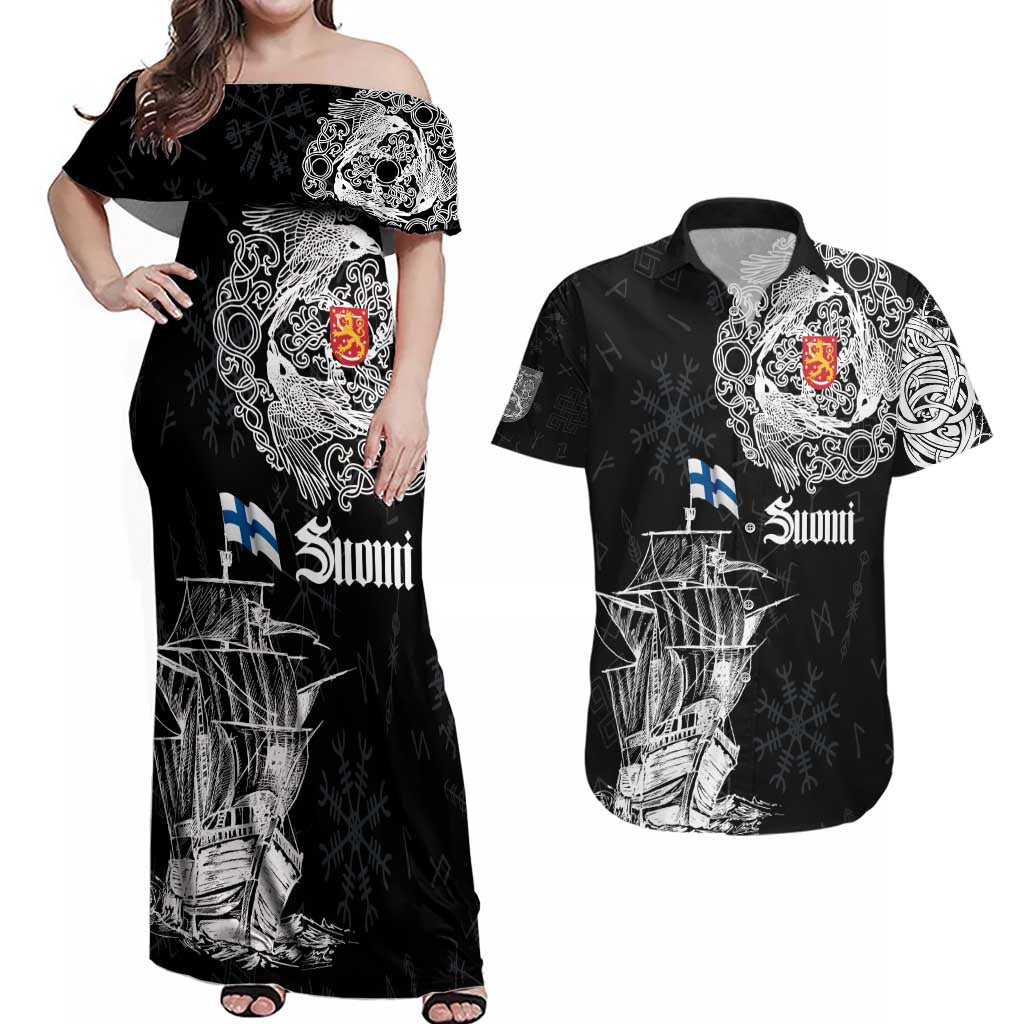Finland Vikings Culture Couples Matching Off Shoulder Maxi Dress and Hawaiian Shirt Suomi Viking Ships