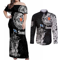 Finland Vikings Culture Couples Matching Off Shoulder Maxi Dress and Long Sleeve Button Shirt Suomi Viking Ships