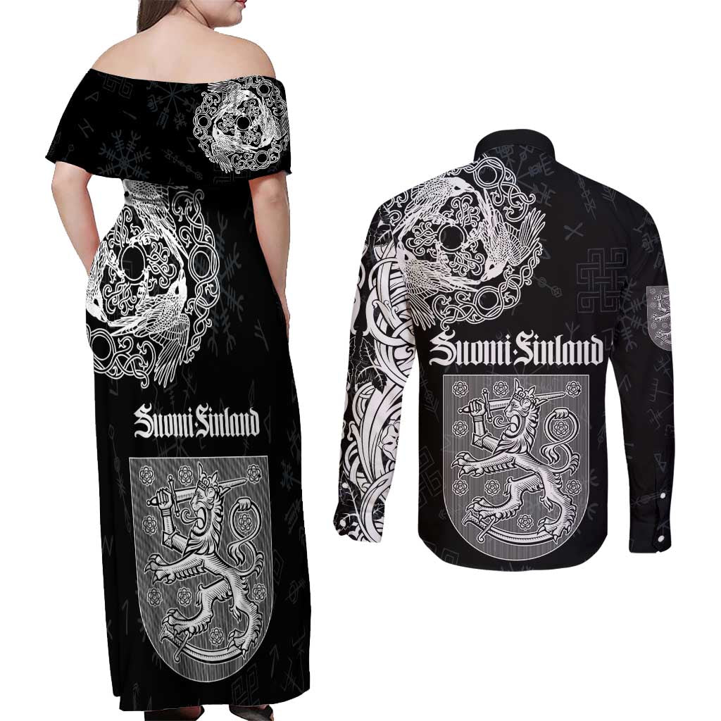 Finland Vikings Culture Couples Matching Off Shoulder Maxi Dress and Long Sleeve Button Shirt Suomi Viking Ships