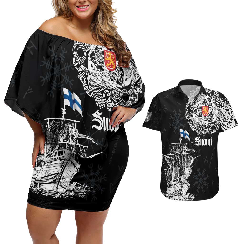 Finland Vikings Culture Couples Matching Off Shoulder Short Dress and Hawaiian Shirt Suomi Viking Ships