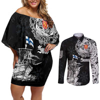 Finland Vikings Culture Couples Matching Off Shoulder Short Dress and Long Sleeve Button Shirt Suomi Viking Ships