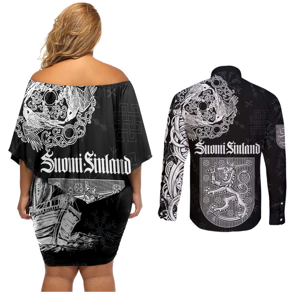 Finland Vikings Culture Couples Matching Off Shoulder Short Dress and Long Sleeve Button Shirt Suomi Viking Ships