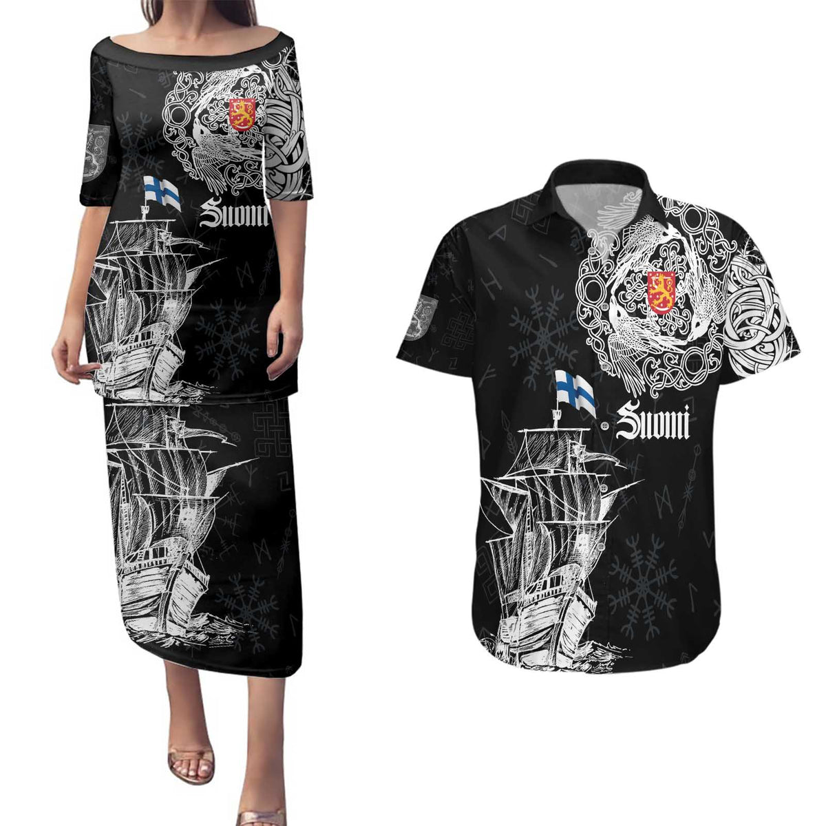 Finland Vikings Culture Couples Matching Puletasi and Hawaiian Shirt Suomi Viking Ships