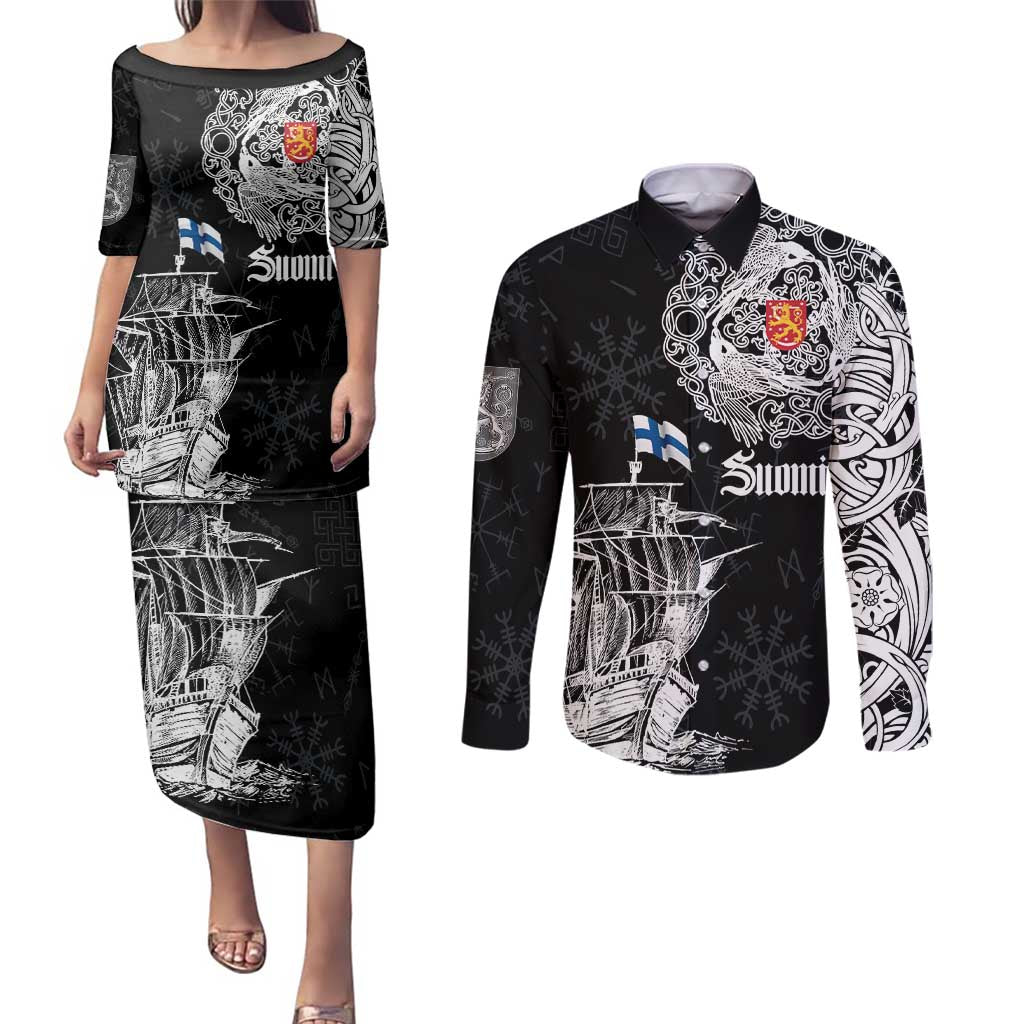 Finland Vikings Culture Couples Matching Puletasi and Long Sleeve Button Shirt Suomi Viking Ships