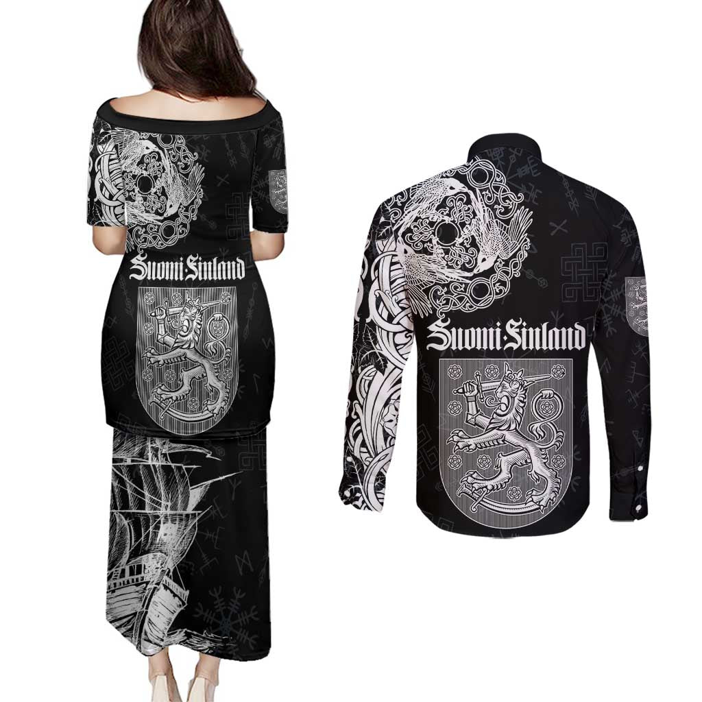 Finland Vikings Culture Couples Matching Puletasi and Long Sleeve Button Shirt Suomi Viking Ships
