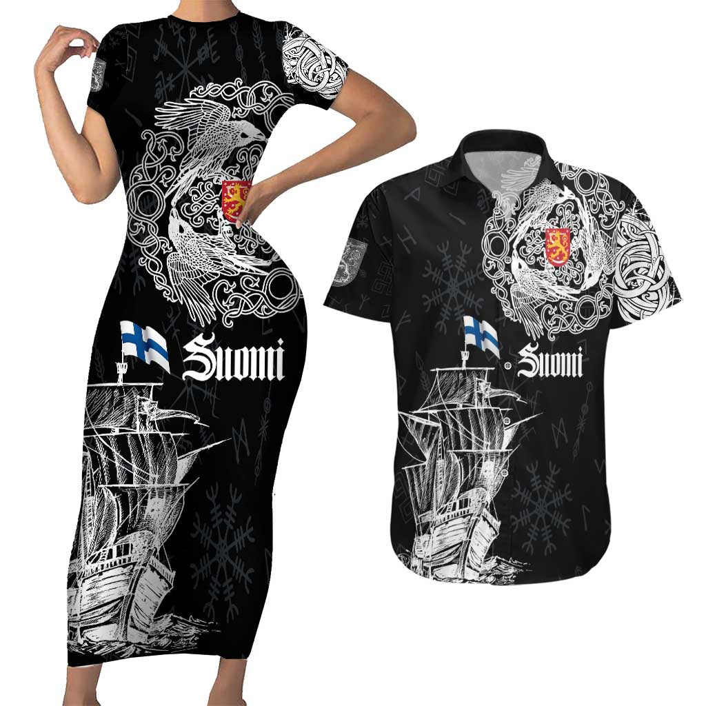 Finland Vikings Culture Couples Matching Short Sleeve Bodycon Dress and Hawaiian Shirt Suomi Viking Ships