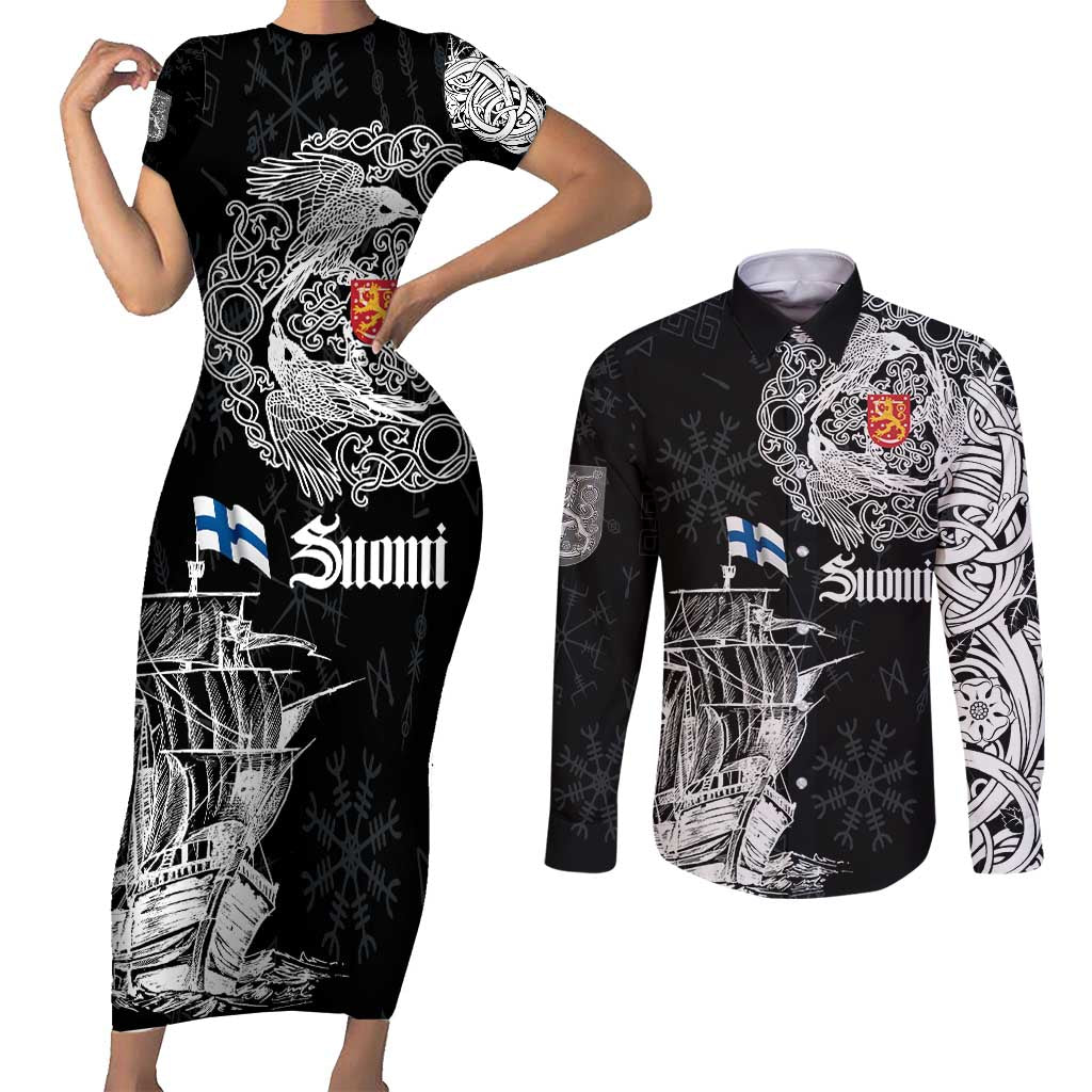 Finland Vikings Culture Couples Matching Short Sleeve Bodycon Dress and Long Sleeve Button Shirt Suomi Viking Ships