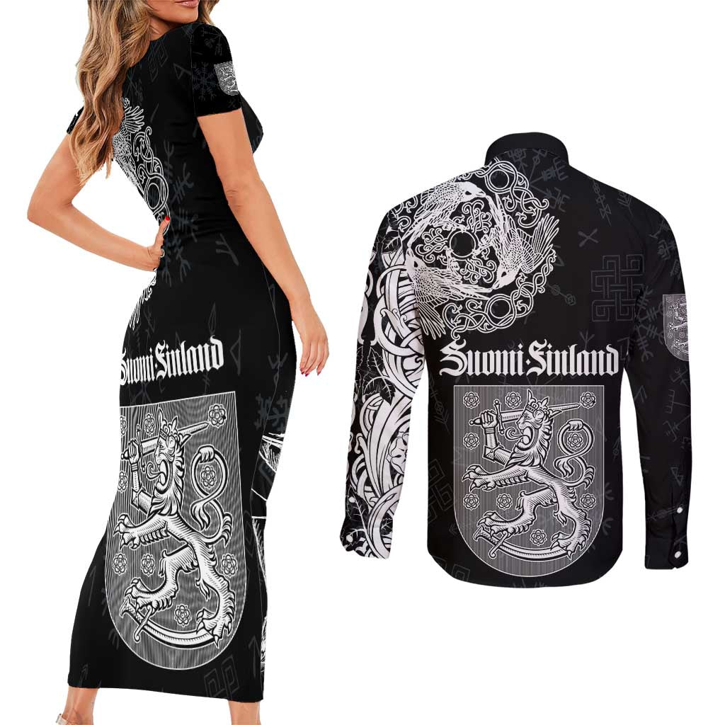 Finland Vikings Culture Couples Matching Short Sleeve Bodycon Dress and Long Sleeve Button Shirt Suomi Viking Ships