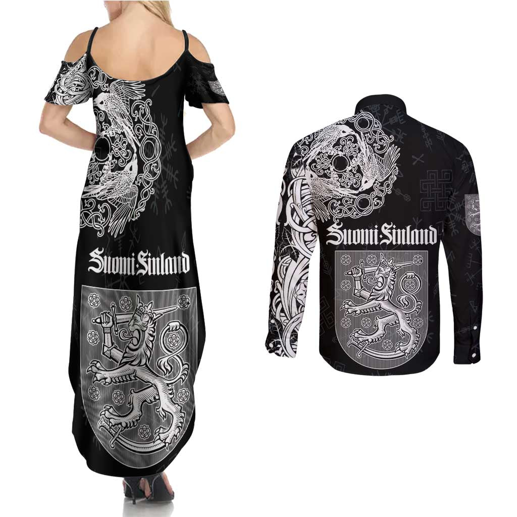 Finland Vikings Culture Couples Matching Summer Maxi Dress and Long Sleeve Button Shirt Suomi Viking Ships