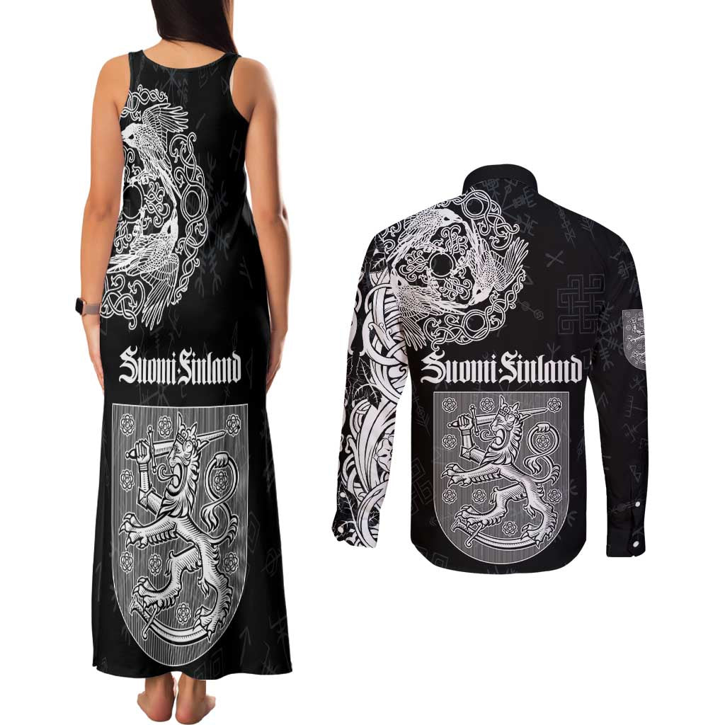 Finland Vikings Culture Couples Matching Tank Maxi Dress and Long Sleeve Button Shirt Suomi Viking Ships