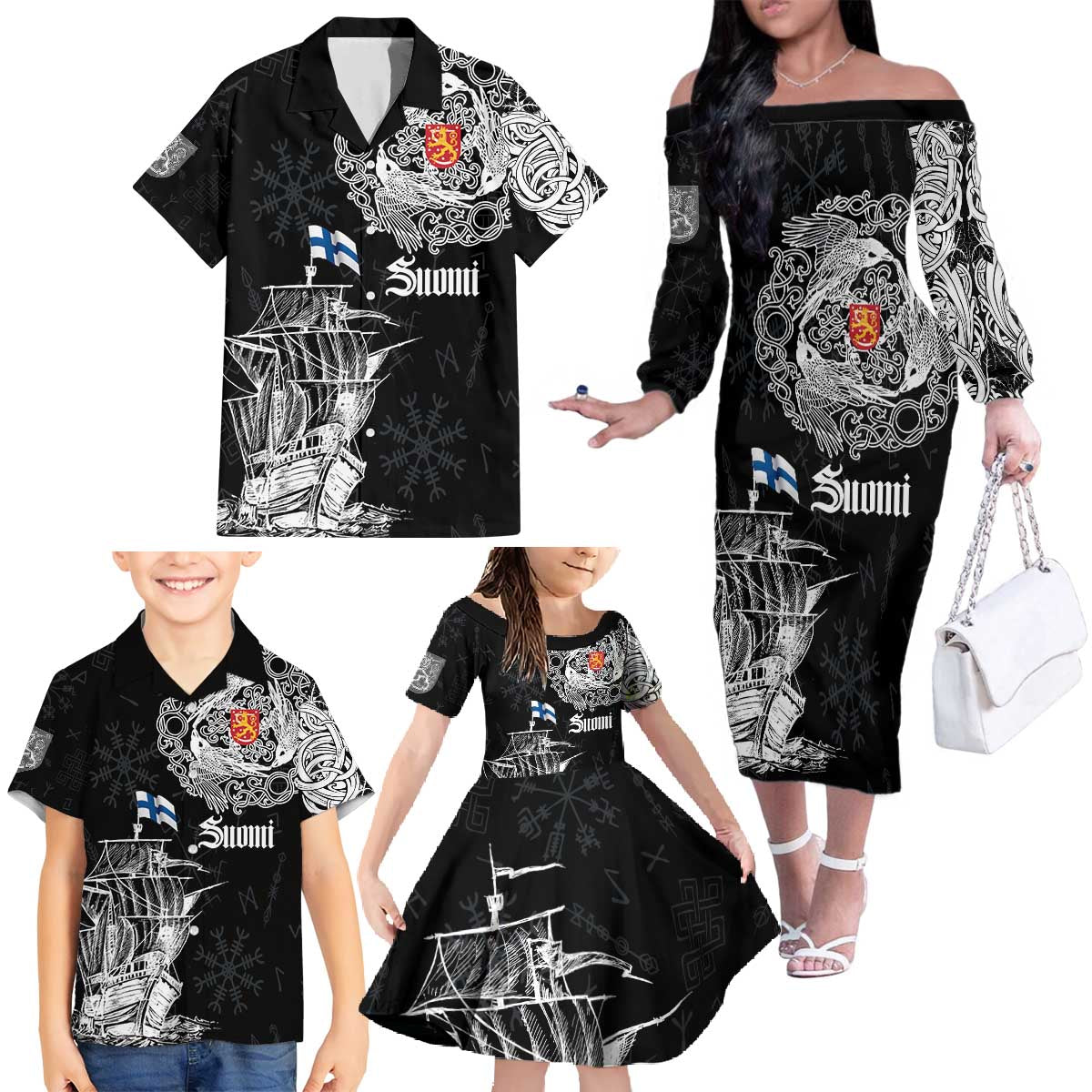 Finland Vikings Culture Family Matching Off The Shoulder Long Sleeve Dress and Hawaiian Shirt Suomi Viking Ships