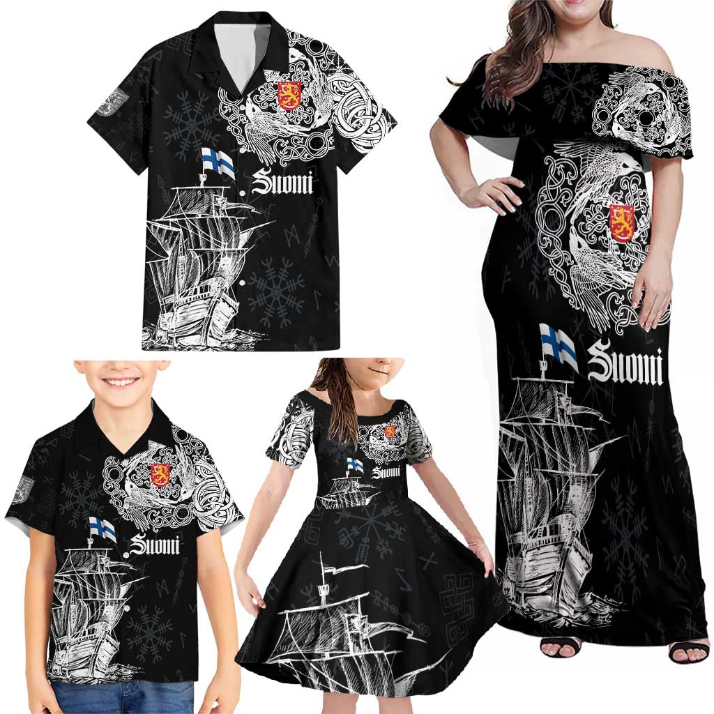 Finland Vikings Culture Family Matching Off Shoulder Maxi Dress and Hawaiian Shirt Suomi Viking Ships