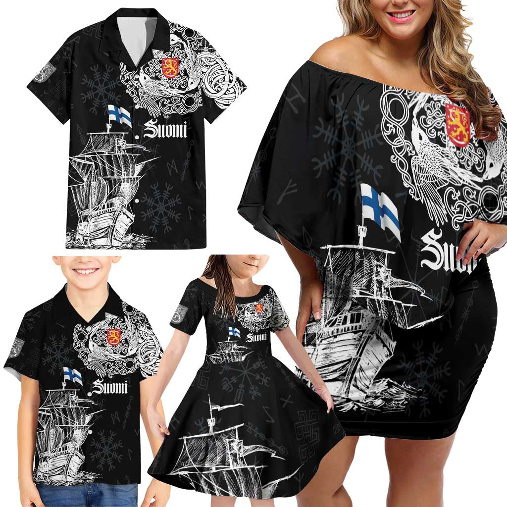 Finland Vikings Culture Family Matching Off Shoulder Short Dress and Hawaiian Shirt Suomi Viking Ships