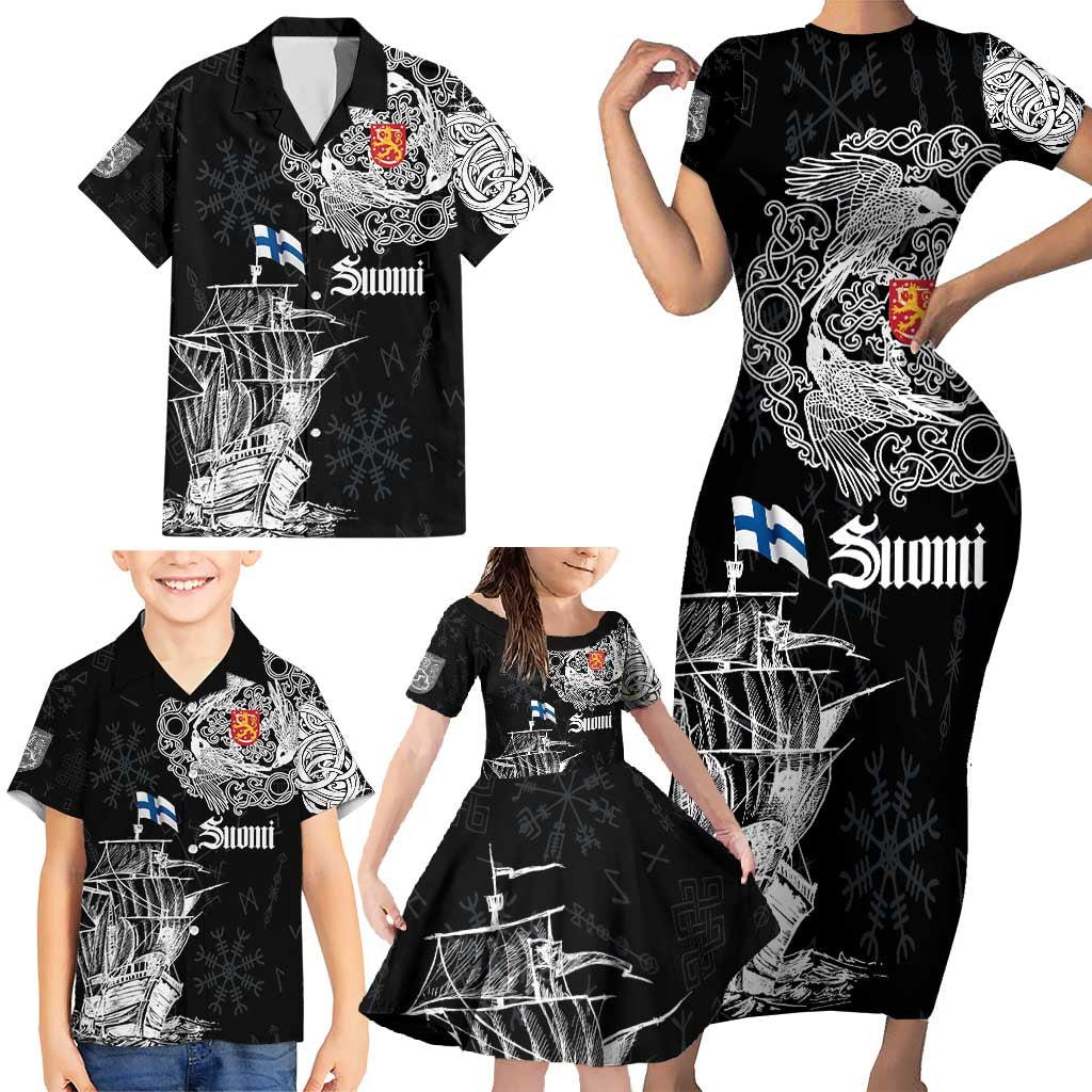 Finland Vikings Culture Family Matching Short Sleeve Bodycon Dress and Hawaiian Shirt Suomi Viking Ships